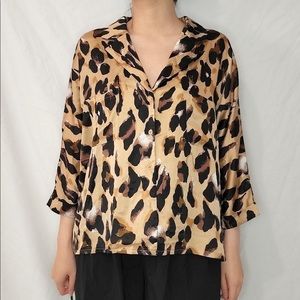 Brown leopard print satin blouse